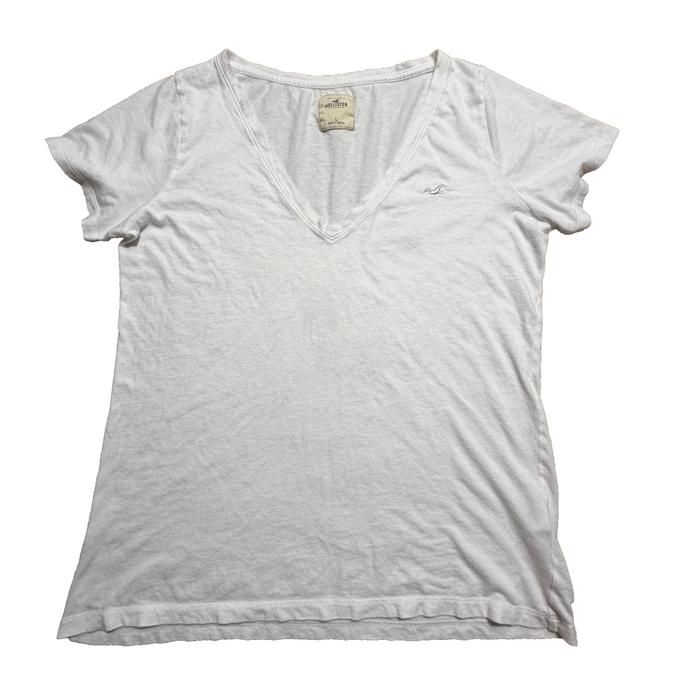 Hollister White V Neck Tee Women L Cotton Casual Minimalist Logo Top Retro Y2K
